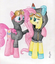 Size: 1179x1383 | Tagged: safe, artist:nancyksu, fluttershy, pinkie pie, earth pony, pegasus, pony, g4, bunny ears, catsuit, clothes, dangerous mission outfit, female, goggles, hoodie, lesbian, mare, ninja, pinkie spy, ship:flutterpie, shipping, simple background, traditional art, white background