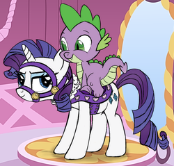 Size: 627x600 | Tagged: safe, artist:stinkehund, rarity, spike, dragon, pony, unicorn, g4, bridle, dragons riding ponies, duo, duo male and female, female, male, mare, riding, saddle, sexy saddle, ship:sparity, shipping, spike riding rarity, straight