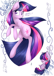 Size: 2893x4092 | Tagged: safe, artist:lilfaux, twilight sparkle, pony, unicorn, g4, ^^, abstract background, alternate style, chibi, eyes closed, eyes open, full body, happy, long mane, long tail, looking up, open mouth, smiling, tail, unicorn twilight