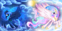 Size: 2880x1440 | Tagged: safe, artist:luminairous, princess celestia, princess luna, alicorn, pony, g4, cloud, crown, duo, ethereal mane, ethereal tail, eyelashes, female, flying, hoof shoes, jewelry, long legs, long mane, long tail, looking at something, mare, moon, outdoors, peytral, princess shoes, regalia, royal sisters, siblings, sisters, sky, spread wings, sun, tail, tall, turned head, wings