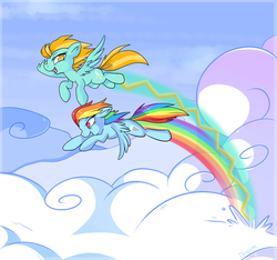 Size: 1000x934 | Tagged: safe, artist:lustrous-dreams, lightning dust, rainbow dash, pegasus, pony, g4, a better ending for lightning dust, cloud, flying, friendshipping, rainbow trail, trail