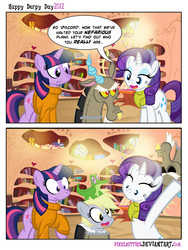 Size: 902x1200 | Tagged: safe, artist:pixelkitties, derpy hooves, discord, gummy, rarity, twilight sparkle, pegasus, pony, g4, clothes, comic, costume, female, library, mare, parody, scooby-doo!, sweater