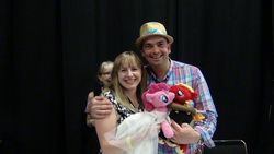 Size: 1024x576 | Tagged: artist needed, safe, big macintosh, pinkie pie, human, bronycon, bronycon 2012, g4, andrea libman, irl, irl human, peter new, photo, plushie, voice actor