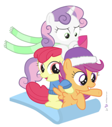 Size: 1300x1480 | Tagged: safe, artist:dm29, apple bloom, scootaloo, sweetie belle, g4, clothes, cutie mark crusaders, hat, scarf, simple background, sled, sweater, transparent background, trio, vector