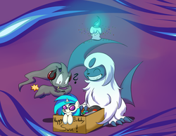 Size: 1040x806 | Tagged: safe, artist:kiyoshiii, dj pon-3, vinyl scratch, absol, banette, litwick, pony, unicorn, g4, box, crossover, pokémon, pony in a box