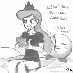 Size: 850x850 | Tagged: safe, artist:johnjoseco, princess luna, goomba, human, puffball, gamer luna, g4, brushie, clothes, crossover, dialogue, grayscale, humanized, kirby, kirby (series), kirby luna, monochrome, nintendo, nintendo ds, pants, super mario bros.