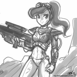 Size: 850x850 | Tagged: safe, artist:johnjoseco, princess luna, ghost, human, g4, c-10 canister rifle, crossover, female, grayscale, gun, humanized, monochrome, no trigger discipline, rifle, solo, starcraft, weapon