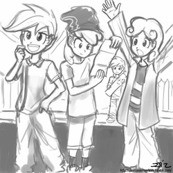 Size: 850x850 | Tagged: safe, artist:johnjoseco, apple bloom, derpy hooves, dinky hooves, scootaloo, sweetie belle, human, g4, crossover, cutie eds crusaders, ed edd n eddy, grayscale, humanized, monochrome, plank (ed edd n eddy)