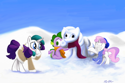 Size: 3001x1982 | Tagged: safe, artist:syncallio, rarity, spike, sweetie belle, g4, blushing, clothes, earmuffs, hat, missing eyes, scarf, snow, snowpony