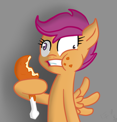 Size: 427x444 | Tagged: safe, artist:wonder-waffle, scootaloo, chicken, pegasus, pony, g4, cannibalism joke, chicken meat, derp, eating, food, gritted teeth, hoof hold, meat, mismatched eyes, ponies eating meat, puffy cheeks, scootachicken, solo