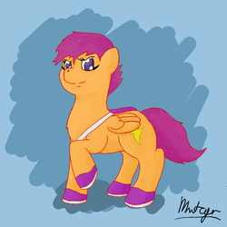Size: 770x770 | Tagged: safe, artist:mutagen, scootaloo, g4, alternate hairstyle, full body, raised hoof, side view, solo