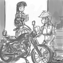 Size: 850x850 | Tagged: safe, artist:johnjoseco, applejack, twilight sparkle, human, g4, grayscale, humanized, monochrome, motorcycle