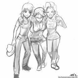 Size: 850x850 | Tagged: safe, artist:johnjoseco, applejack, pinkie pie, rainbow dash, human, g4, belly button, breasts, busty applejack, cleavage, clothes, daisy dukes, drunk, drunk aj, female, front knot midriff, grayscale, humanized, midriff, monochrome