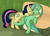 Size: 1400x1000 | Tagged: safe, artist:lamia, bon bon, lyra heartstrings, sweetie drops, earth pony, pony, unicorn, g4, bellyrubs, bench, chest fluff, eyes closed, female, happy, hug, lesbian, ship:lyrabon, shipping, smiling