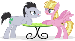 Size: 500x272 | Tagged: safe, lucky clover, meadow flower, earth pony, pegasus, pony, g4, duo, female, luckyflower, male, mare, recolor, shipping, simple background, stallion, table, transparent background