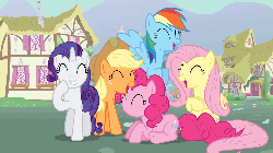 Size: 960x540 | Tagged: safe, screencap, applejack, fluttershy, pinkie pie, rainbow dash, rarity, pony, g4, magic duel, animated, female, laughingmares.jpg, no mouth, no nose