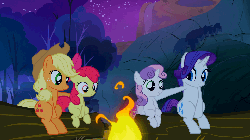 Size: 960x540 | Tagged: safe, screencap, apple bloom, applejack, rarity, sweetie belle, earth pony, pony, unicorn, sleepless in ponyville, animated, campfire, female, filly, hug, mare