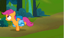 Size: 895x540 | Tagged: safe, screencap, scootaloo, pegasus, pony, g4, sleepless in ponyville, animated, bag, bush, butt, female, filly, flapping, flapping wings, foal, plot, saddle bag, scootabutt, sleeping bag, tree, wings