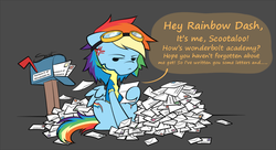 Size: 975x532 | Tagged: safe, artist:secret-pony, rainbow dash, g4, both cutie marks, mail, rainbow dash is not amused, unamused, wonderbolt trainee uniform