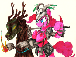 Size: 1024x766 | Tagged: safe, artist:jamescorck, pinkie pie, timber wolf, g4, crossover, fallout, fallout: new vegas, fiends, flamethrower, weapon