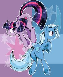 Size: 732x897 | Tagged: safe, artist:darkstarchan, trixie, twilight sparkle, pony, unicorn, g4, butt, duo, female, mare, plot