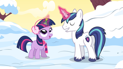 Size: 2560x1440 | Tagged: safe, artist:foxy-noxy, shining armor, twilight sparkle, pony, unicorn, g4, clothes, colt, earmuffs, eyes closed, female, filly, filly twilight sparkle, glowing horn, grin, horn, male, scarf, show accurate, smiling, snow, striped scarf, vector, wallpaper, younger