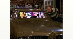 Size: 1366x738 | Tagged: safe, artist:johnlennondude, applejack, pinkie pie, rarity, twilight sparkle, human, g4, crossover, irl, photo, red foreman, that 70s show