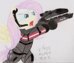 Size: 1811x1551 | Tagged: safe, artist:fireflash-frostblast, fluttershy, g4, armor, crossover, mass effect, n7 armor, parody, traditional art