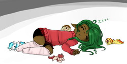 Size: 891x453 | Tagged: safe, applejack, pinkie pie, spike, spitfire, ask equestrian boys, g4, askequestrianboys, barb, bubble berry, clothes, cute, dark skin, elf ears, eyes closed, humanized, on side, rule 63, sleeping, socks, zzz