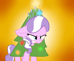 Size: 1200x1000 | Tagged: safe, artist:lbrcloud, diamond tiara, earth pony, pony, g4, angry, christmas tree, costume, crown, cute, diamondbetes, ears back, female, filly, jewelry, regalia, solo, standing, tree costume