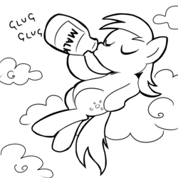 Size: 756x756 | Tagged: safe, artist:megasweet, derpy hooves, pegasus, pony, g4, cloud, cloudy, drinking, eyes closed, female, hoof hold, lineart, male, malk, mare, milk, milk jug, monochrome, on back, solo, the simpsons