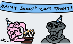 Size: 633x382 | Tagged: safe, artist:sefling, pinkie pie, g4, birthday, crossover, javik, mass effect, prothean