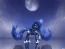 Size: 3000x2250 | Tagged: dead source, safe, artist:mlpanon, princess luna, pony, g4, female, moon, raised hoof, reflection, ripple, shiny, solo