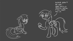 Size: 960x540 | Tagged: safe, artist:gabriev666, derpy hooves, wild fire, pegasus, pony, g4, cheer up, female, mare, monochrome, muffin, replaced, sad, sibsy