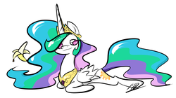 Size: 3329x1870 | Tagged: safe, artist:red-poni, princess celestia, pony, g4, banana, female, prone, solo