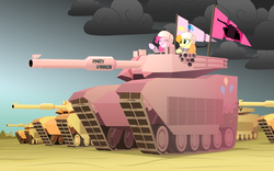 Size: 7200x4500 | Tagged: safe, artist:swissleo, carrot top, golden harvest, pinkie pie, g4, absurd resolution, cutie mark on vehicle, flag, helmet, m1 abrams, tank (vehicle)