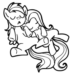 Size: 945x945 | Tagged: safe, artist:megasweet, fluttershy, rainbow dash, pony, g4, duo, lineart, monochrome, sleeping, snuggling