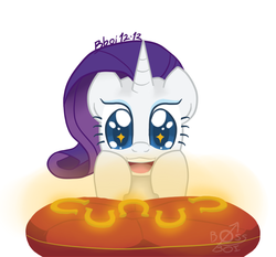 Size: 750x700 | Tagged: safe, artist:bossboi, rarity, pony, g4, glowing, gold, hoof on cheek, horseshoes, looking at something, pillow, signature, solo, starry eyes, twelve days of christmas, wingding eyes