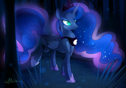 Size: 1181x826 | Tagged: safe, artist:affanita, princess luna, pony, g4, dream walker luna, female, forest, solo