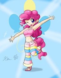 Size: 509x650 | Tagged: safe, artist:kei-waza, pinkie pie, human, g4, armpits, belly button, female, humanized, midriff, sandals, solo, tailed humanization