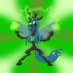 Size: 800x800 | Tagged: dead source, safe, artist:ichibangravity, queen chrysalis, changeling, changeling queen, g4, bipedal, female, glowing eyes, solo