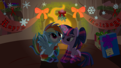 Size: 10000x5625 | Tagged: dead source, safe, artist:nightmaremoons, rainbow dash, twilight sparkle, g4, absurd resolution, alternate hairstyle, christmas, clothes, female, holiday, lesbian, mistletoe, present, ship:twidash, shipping, socks, younger