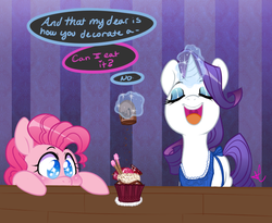 Size: 670x550 | Tagged: safe, artist:lolopan, pinkie pie, rarity, g4, apron, clothes, cupcake, food, food art, hungry, magic, table