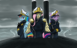 Size: 7200x4500 | Tagged: safe, artist:swissleo, fluttershy, rainbow dash, twilight sparkle, anthro, g4, absurd resolution, clothes, coat, flutterbadass, hat, military uniform, navy, ocean, submarine, the hunt for red october