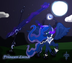 Size: 1280x1126 | Tagged: safe, artist:thelunauranwolf, princess luna, pony, g4, female, moon, solo, weapon