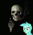 Size: 114x120 | Tagged: safe, lyra heartstrings, pony, undead, unicorn, g4, animated, female, finger, hand, irrational exuberance, mare, skeleton, smoking, spooky