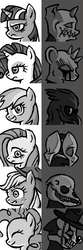 Size: 400x1200 | Tagged: safe, artist:monoglyph, applejack, fluttershy, pinkie pie, rainbow dash, rarity, twilight sparkle, g4, fanfic, monochrome