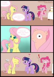 Size: 700x1000 | Tagged: safe, artist:funnyfany, fluttershy, pinkie pie, twilight sparkle, earth pony, pegasus, pony, unicorn, g4, :t, cake, comic, crossover, eating, exclamation point, eyes closed, floppy ears, food, frown, heart, hoof hold, looking back, meep, meepit, neopets, one eye closed, open mouth, petpet, shocked, smiling, unicorn twilight, wide eyes, wink