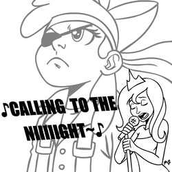 Size: 945x945 | Tagged: safe, artist:megasweet, apple bloom, princess luna, human, g4, crossover, humanized, metal gear, monochrome, s1 luna, singing