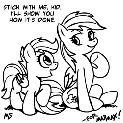 Size: 945x945 | Tagged: safe, artist:megasweet, rainbow dash, scootaloo, pegasus, pony, g4, black and white, blank flank, dialogue, duo, duo female, eyebrows, eyebrows visible through hair, female, filly, foal, folded wings, grayscale, looking at each other, looking at someone, mare, monochrome, open mouth, open smile, raised hoof, scootalove, signature, simple background, sitting, smiling, white background, wings